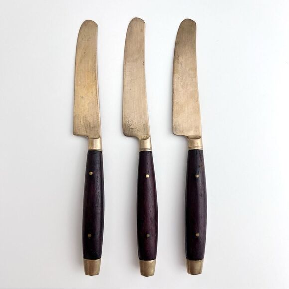 Vintage Brass Teak Inlaid Wood Butter Knives Set Of 3 - Picture 1 of 7
